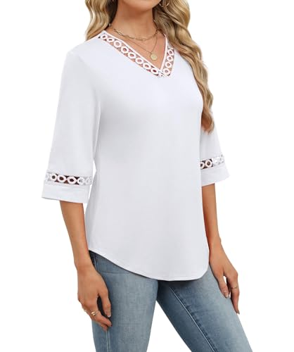 Image of WIHOLL Womens Tops Eyelet Lace V Neck 3 /4 Bell Sleeve Blouses Dressy Casual Work Shirt 2026 Summer Fall Fashion Clothing