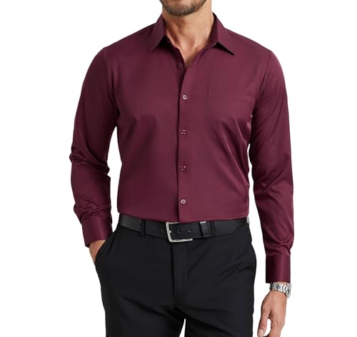 Enlision Camisa Burdeos Hombre Elastica Sin Plancha Manga Larga Camisas Antiarrugas Cuello con Botones Ajuste Regular Traje Negocios Boda con Bolsillo XXL