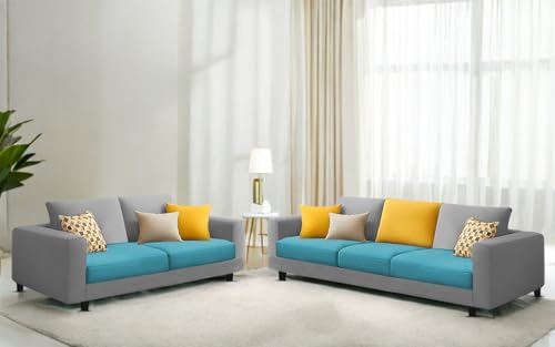 Image of Casaliving Minta 3+2 Seater Sofa Set for Living Room (Turquise Grey Colour Fabric) Premium Fabric Sofa