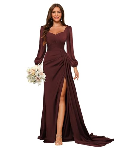 Stylefun Mermaid Satin Prom Dresses with Slit Long Sleeve Formal Party Dress CYM267