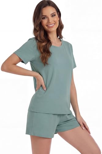 Image of LUBOT Pajamas for Women Set Bamboo Viscose with Cotton Cooling Soft 2 Piece PJ Sets Short Sleeve Nightwear S-2XL