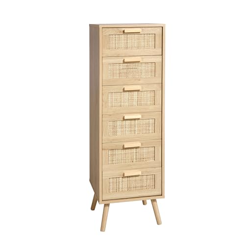 Finnhomy Rattan Dresser for Bedroom, Tall Dresser with 6 Hand Made Rattan Decorated Drawers, Small Chest of Drawers for Living Room, Closet, Hallway, Natural