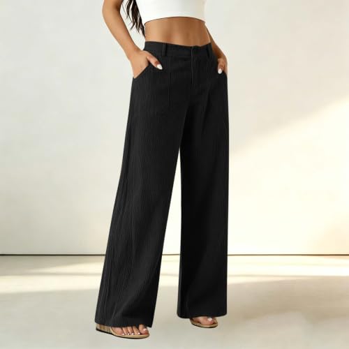 Womens Corduroy Pants Straight Leg High Waisted Fall Trousers Black - image 6
