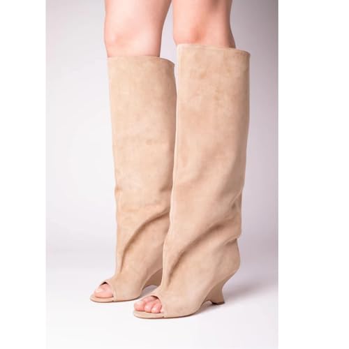 Image of FancyQueen Open Toe Knee High Boots, Slouchy Pull On Peep Toe Dress Boots for Women