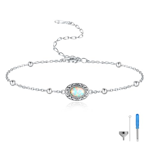 MANBU Sterling Silver Cremation Bracelet for Ashes: Oval Opal Urn Ash Bracelet Memorial Jewelry Bereavement Keepsake Gifts for Loss of a Loved One
