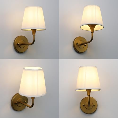 Image of Phansthy Hardwired Brass Boho Wall Sconces Set of 2, Vintage Industrial Wall Lamps, Vanity Sconces Wall Lighting with Natural Fabric Shade for Bathroom Bedroom Living Room (Antique + White Shade)