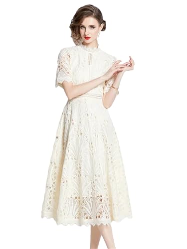 Image of Womens Vintage High-End O-Neck Short Sleeve Lace Hollow Out Dress Slim Elegant Long Dress