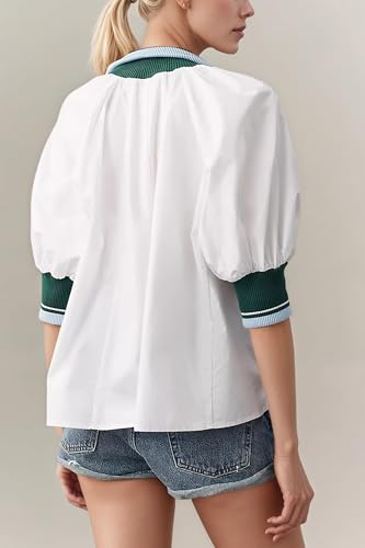 Women Sporty Henley Swing Top Puff Sleeve Half Zip Blouse Casual Loose fit Flowy Shirt Tunic3