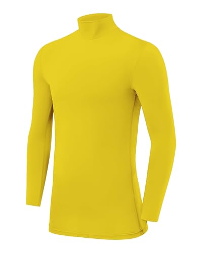 PowerLayer Camiseta Compresión Niños - Camiseta Interior Térmica de Manga Larga y Cuello Alto para Niños - Compression Shirt para Ciclismo Entrenamiento Gym Running Rugby - Amarillo, 10-12 años