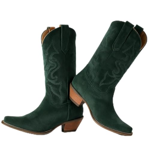 Image of LEHOOR Cowboy Boots Women Embroidered Mid Calf Western Boots Stacked Low Heel Pointed Toe Pull On Cowgirl Boot 4-11 M US