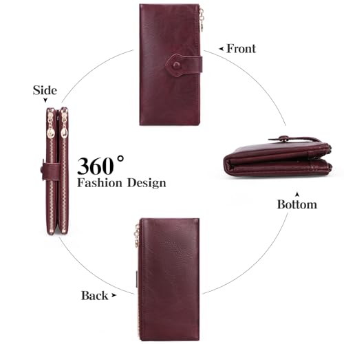Image of GOIACII Wallet for Women Ladies Wallets Double Zippers Clutch Purse Red | Bifold Ladies Card Holder,Zipper Pockets,Ladies Wallets,Vintage Wallets for Women