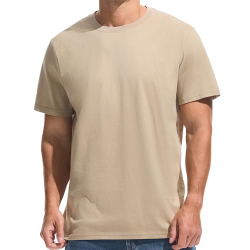 VEIISAR Herren T-Shirt 210 GSM Mittel Weight 100% Baumwolle (vorgewaschen) - Weich & Bequem Stoff Klassisches Basic T-Shirt - Uni-Farbe - Beige Grau S