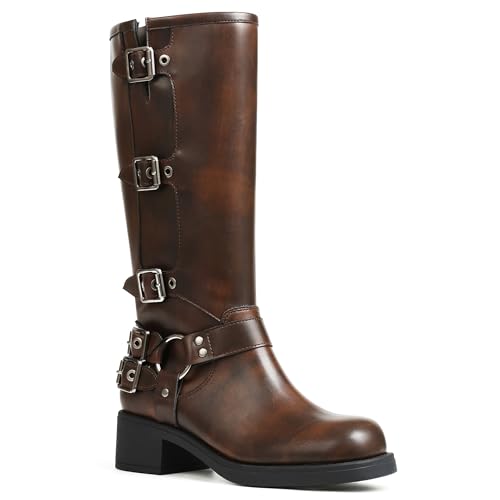 AMINUGAL Brown Knee High Boots Women Square Toe Pull On Boots Wide Calf Riding Boots Fashion Buckles Chunky Boots Metallic Casual Vintage Buckle Rivet Boots Size 8.5
