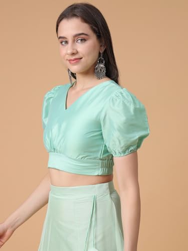 Image of Frolic Rolic Premium Silk V-Neck Blouse Readymade Saree Blouse - Designer Puff Sleeve Blouse for Wedding