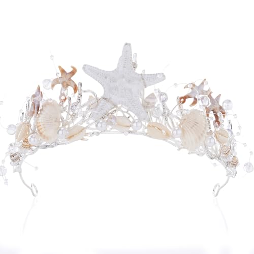 CoTeeZa White Mermaid Crown Starfish Headpiece - Sea Star Headwear Seashell Crowns Bridal Beach Wedding Hair Accessories for Women Halloween Costume Cosplay Prom Quinceanera Headdress