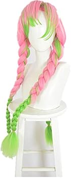 Topcosplay Anime Wigs Long Pink and Green Wig with Braids Cosplay Wig for Halloween Fancy Dress Party