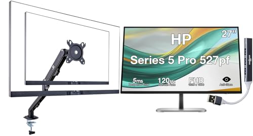 Image of HP Series 5 Pro 527pf 27 inch FHD IPS Monitor with 5ms Response Time, Anti Glare, Flicker Free, 350 Nits VESA Mount (100mm), Displayport, HDMI, Black (B28F5UT#ABA) w /DKZ Hub & ErgoFlexy Single Mount Arm