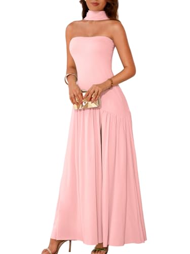 ChiaoLezhee Women's Maxi Tube Dress with Scarf Drop Waist Slit Formal Cocktail Party Wedding Guest Prom Gown, Flowy Elegant A Line Strapless Asymmetrical Summer Going Out Baby Shower,Light Pink,M