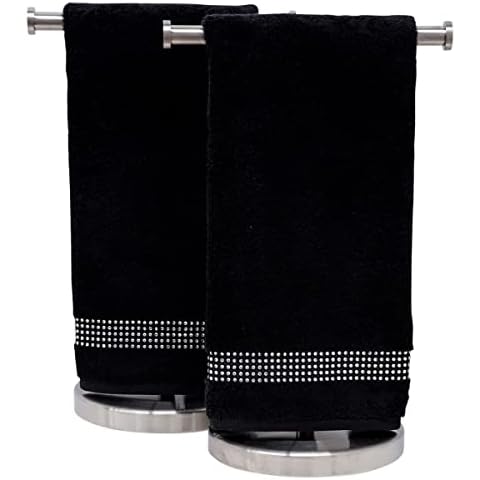 Hand Towel with Stripe, Durable, Sparkling Rhinestones on Cotton Terry Cloth, for Stylish Home Bath Decor, Black, 16x30, Set of 2 Cover