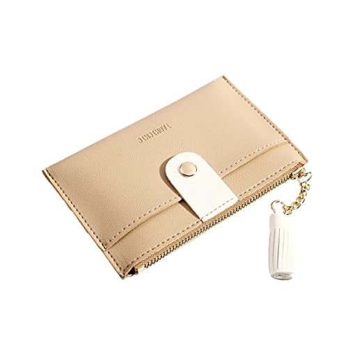 Tassel Coin Purse for Women Khaki Short Wallet Zipper Portable Bag for Business Cards and Cash Stylish Pu Material for Everyday Use
