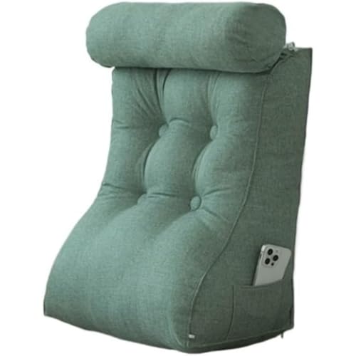 コットンとリネンのベッドサイドベッドウェッジ 三角枕テレビ枕 腰背もたれ, 取り外し可能で洗える 妊娠中の女性、高齢者 腰椎サポートピロー ソファーラウンジャーに最適 (グリーン,45X55CM)