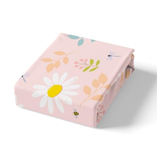 Image of Daisy Flowers Bed Sheet Queen Set Bee Butterfly Sheets Sets Adults Bedroom Decor Spring Floral Microfiber Bedding Set with Flat,Fitted Sheet,2 Pillow Cases
