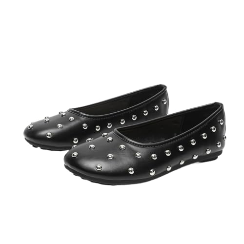 Women's Black Rivet Embellished Ballet Flats, Comfortable Slip-On Casual Shoes with Rubber Sole, All-Season Solid Color Footwear