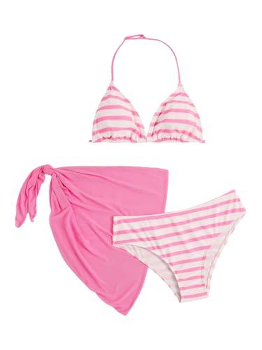 Image of SOLY HUX Girl's Summer Swimsuit Set Floral Halter Triangle Bikini Set with Wrap Skirts Beachwear