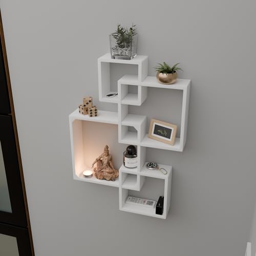 Image of Etiquette Art Engineered Wood Floating Cube Shelves - Intersecting Wall Mounted Box Shelves for Bedrooms, Living Rooms & More - Set of 4 (White)