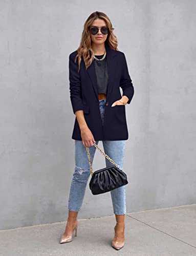 Crazy Grid Womens Casual Blazer Long Sleeve Business Suit Jacket Open Front Button Work Office Blazer Jacket Fashion Dressy Ladies Blazer Dark Blue Size Medium #TOP3