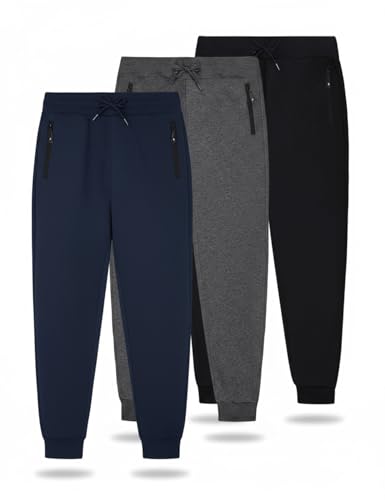 Gihuo 3 Pack Boys Sweatpants Athletic Workout Kids Jogger with Zipper Pocket Drawstring Active Casual Soft Jogging Sweat Pant