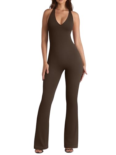 OQQ Jumpsuits for Women Fall Winter Halterneck Sleeveless Lace-Trim Flared Jumpsuit Darkbrown