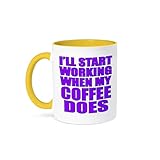 3dRose Coffee Mug, Size - 15oz - Ill start working when my coffee does, Purple Funny Quotes - funny coffee cup gift