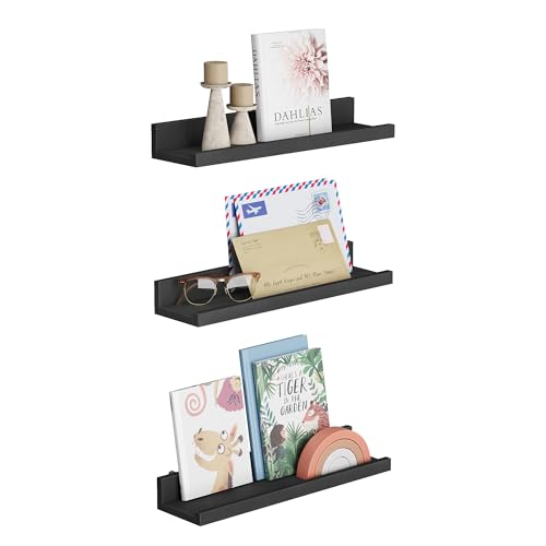 SONGMICS Floating Shelves, Set of 3 Wall Shelves, 15-Inch Wide, for Photo Frames and Trinkets, for Living Room, Home Office, Kitchen, Bathroom, Black ULWS38BK 15"W Black