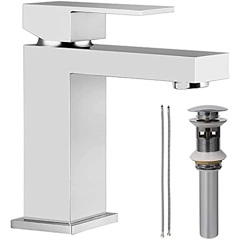 Single Hole Bathroom Faucet Chrome - CELAENO Modern Single Handle Bathroom Faucet with All Metal Pop Up Drain, Heavy Duty Square Bathroom Sink Faucet Cover