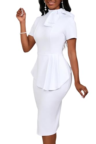 Image of PerZeal Women's Fashion Peplum Bodycon Short Sleeve Work Dresses Bow Club Ruffle Pencil Formal Cocktail Dress