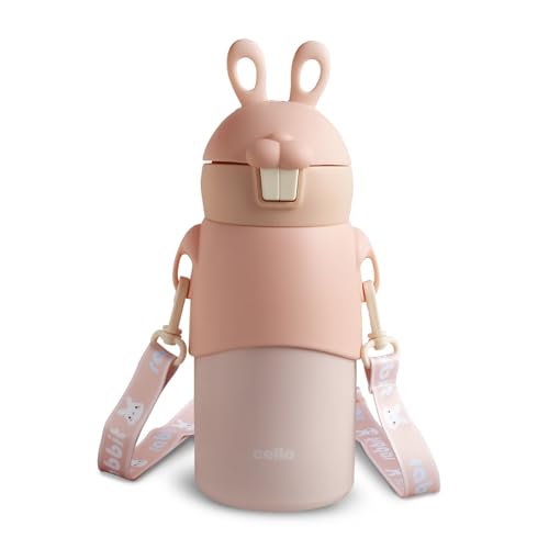 Image of Cello Bunny Kids Stainless Steel Flask 500ml, Peach | Double Walled Vacuum Insulated Technology | One Click Push Button to Open | Ideal for School, Sports, Picnics
