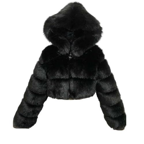 pellicce corte PengGengA Cappotto di Pelliccia Sintetica da Donna Morbido Cappotto di Peluche con Cappuccio Cardigan in Pelliccia Sintetica Giacca Corta Crop Top Manica Lunga - Nero