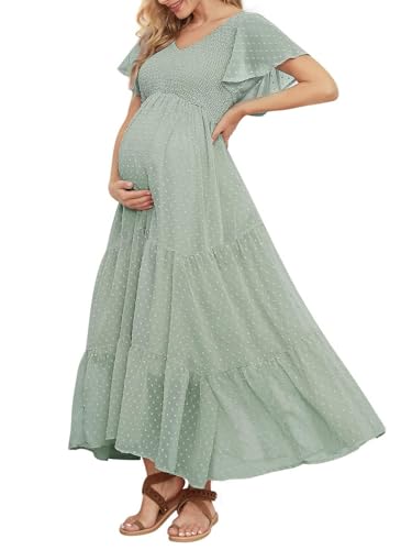 Vestido de Maternidad con Lunares suizos para Baby Shower, sesión de Fotos, Casual, Cuello en V, Manga con Volantes, Cintura Imperio, Vestido Bohemio Escalonado, Verde Claro, M