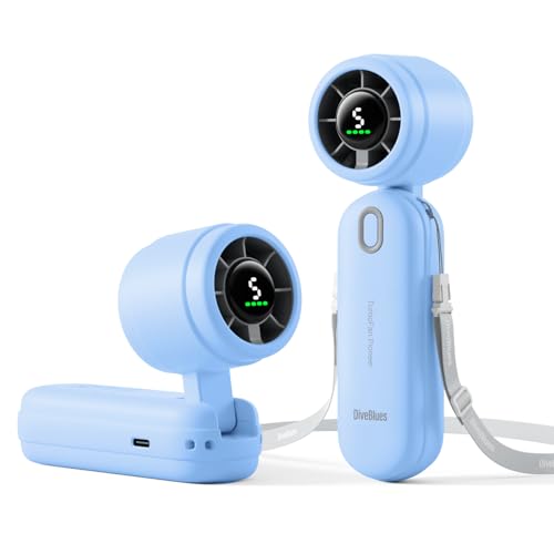 Diveblues iTurbo Ventilador portátil de Mano, alta velocidad de 9 m/s, 5 velocidades, pantalla LED, 3 en 1, de mano, cuello y mesa, miniventilador para viajes, playa, trabajo y exteriores