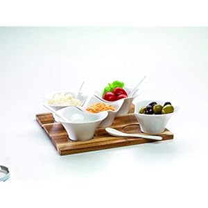 Mäser, Snackingset 11-delig, houten tray, 5 porseleinen kommen met 5 lepels, tapasset