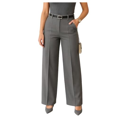 Calça Alfaiataria Feminina Social Wide Leg Cintura Alta Com Bolso (BR, Alfa, M, Regular, Regular, Cinza)