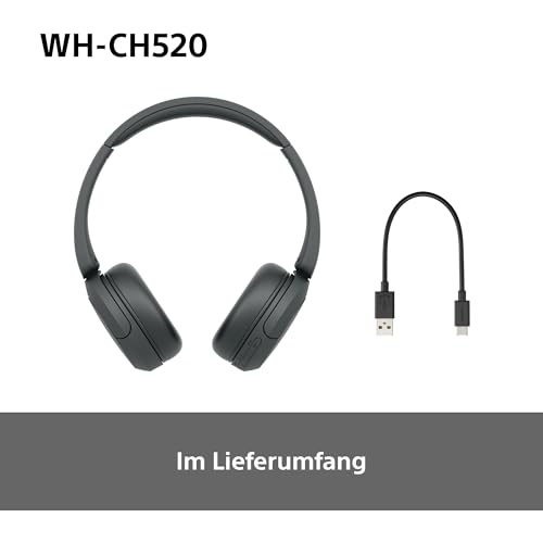 Sony WH-CH520 Kabellose Bluetooth-Kopfhörer - bis zu 50 Stunden Akkulaufzeit mit Schnellladefunktion, On-Ear-Modell - Schwarz