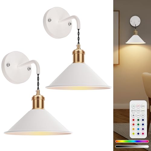 Image of Battery Operated Wall Sconce Set of 2, Dimmable Wireless RGB Wall Sconce Decor with Remote Indoor Cordless Wall Lamp Lighting for Bedroom Living Room Hallway (Pure White)