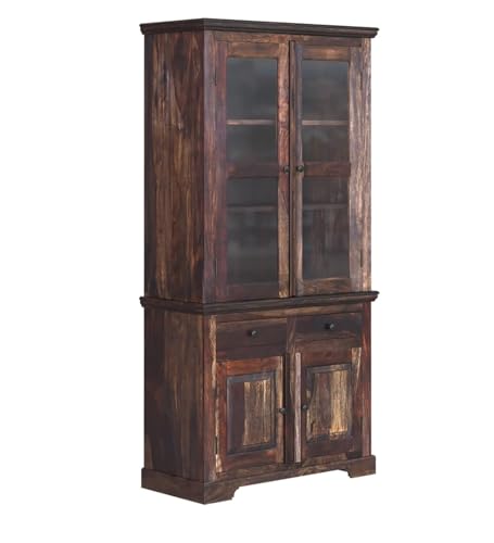 Image of Solid Sheesham Wood Imperial Storage Cabinet|Wooden Display Unit for Kitchen |Wooden Bookshelf with Drawers for Living Room(Warm)