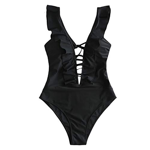 ZAFUL Women's Crisscross High Cut Padded Wire Free One-Piece Swimsuit Lace-up V-Collar One Piece Bathing Suit (Large, Black-Ruffle)