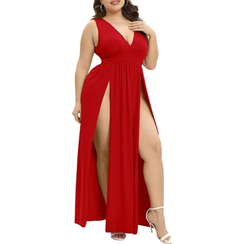 Image of SILUI Women's Summer 2026 Sexy Double High Slit Deep V Neck Plus Size Sundresses Thigh Split Maxi Club Party Dresses