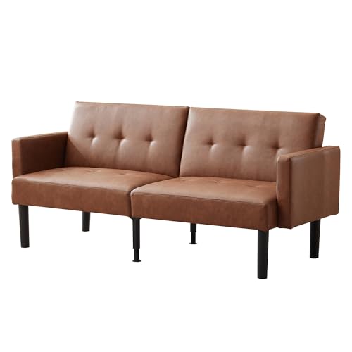 IDEALHOUSE Convertible Futon Sofa Bed,Loveseat Couch with Adjustable Backrest,Sleeper Sofa Bed for Living Room, Bedroom, Apartment,PU-Brown