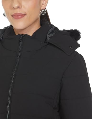 Image of Qube By Fort Collins Women's Medium-Length Bomber Jacket with Detachable Hood Stylish Winterwear for All-Day Comfort |Material: Nylon