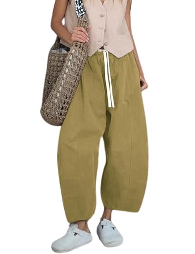Gihuo Women's Cotton Wide Leg Pants, Elastic Waist Harem Style, Casual Baggy Palazzo Pants with Pockets